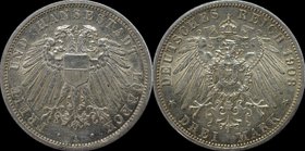 Deutsche Münzen und Medaillen ab 1871, REICHSSILBERMÜNZEN, Lübeck. 3 Mark 1908 A, Silber. Jaeger 82. Vorzüglich, Berieben