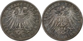 Deutsche Münzen und Medaillen ab 1871, REICHSSILBERMÜNZEN, Lübeck. 3 Mark 1912 A, Silber. Jaeger 82. Stempelglanz. Patina