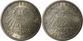 Deutsche Münzen und Medaillen ab 1871, REICHSSILBERMÜNZEN, Lübeck. 3 Mark 1913 A, Silber. Doppeladler mit Brustschild / Gekronter Reichsadler. KM 215....