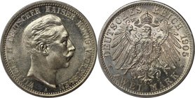 Deutsche Münzen und Medaillen ab 1871, REICHSSILBERMÜNZEN, Preußen. Wilhelm II. (1888-1918). 2 Mark 1905 A, Silber. Jaeger 102. Stempelglanz. Patina, ...