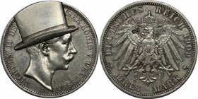 Deutsche Münzen und Medaillen ab 1871, REICHSSILBERMÜNZEN, Preußen. Wilhelm II. (1888-1918). 3 Mark 1909 A, mit aufgelötetem Zylinder. Schöne Feinarbe...