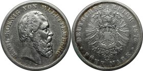 Deutsche Münzen und Medaillen ab 1871, REICHSSILBERMÜNZEN, Württemberg, Karl (1864-1891). 5 Mark 1876 F, Silber. Jaeger 173. Schön-sehr schön