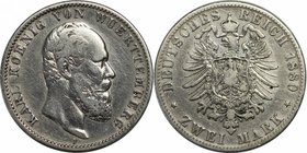 Deutsche Münzen und Medaillen ab 1871, REICHSSILBERMÜNZEN, Württemberg. Karl (1864-1891). 2 Mark 1880 F. Jaeger 172. Schön-sehr schön. Kratzer