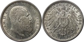 Deutsche Münzen und Medaillen ab 1871, REICHSSILBERMÜNZEN, Württemberg. Wilhelm II. (1891-1918). 2 Mark 1906 F, Silber. Jaeger 174. Vorzüglich-Stempel...