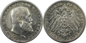 Deutsche Münzen und Medaillen ab 1871, REICHSSILBERMÜNZEN, Württemberg. Wilhelm II. (1891-1918). 3 Mark 1909 F, Silber. Jaeger 175. Vorzüglich