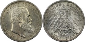 Deutsche Münzen und Medaillen ab 1871, REICHSSILBERMÜNZEN, Württemberg. Wilhelm II. (1891-1918). 3 Mark 1914 F, Silber. Jaeger 175a. Vorzüglich-Stempe...