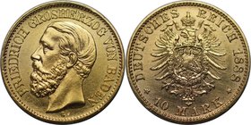 Deutsche Münzen und Medaillen ab 1871, REICHSGOLDMÜNZEN, Baden, Friedrich I. (1852-1907). 10 Mark 1888 G, Gold. Jaeger 186. Fast Stempelglanz