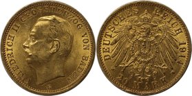 Deutsche Münzen und Medaillen ab 1871, REICHSGOLDMÜNZEN, Baden, Friedrich II. (1907-1918). 20 Mark 1914 G, Gold. Jaeger 192. Fast Stempelglanz