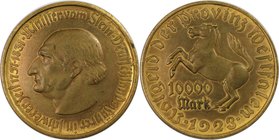 Deutsche Münzen und Medaillen ab 1871, DEUTSCHE NEBENGEBIETE. Provinz Westfalen. 10 000 Mark 1923. Breiter Randstab. Cu-Zn, vergoldet. Jaeger N 20 a. ...