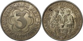 Deutsche Münzen und Medaillen ab 1871, WEIMARER REPUBLIK. Nordhausen. 3 Reichsmark 1927 A, Silber. Jaeger 327. Vorzüglich-Stempelglanz. Flecken