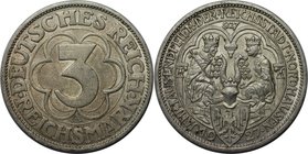 Deutsche Münzen und Medaillen ab 1871, WEIMARER REPUBLIK. Nordhausen. 3 Reichsmark 1927 A, Silber. Jaeger 327. Vorzüglich