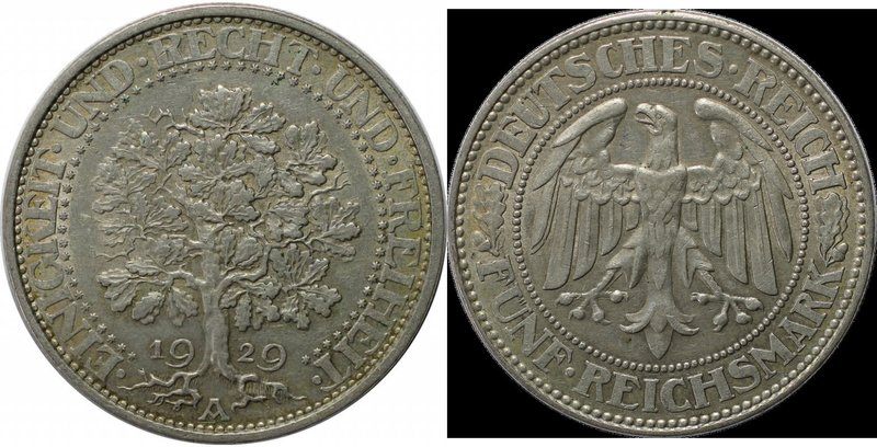 Deutsche Münzen und Medaillen ab 1871, WEIMARER REPUBLIK. Eichbaum. 5 Reichsmark...
