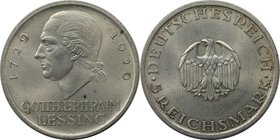 Deutsche Münzen und Medaillen ab 1871, WEIMARER REPUBLIK. Lessing. 5 Reichsmark 1929 A, Silber. KM 61, Jaeger 336, AKS 63. Vorzüglich