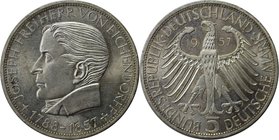 Deutsche Münzen und Medaillen ab 1945, BUNDESREPUBLIK DEUTSCHLAND. 100. Todestag von Joseph Freiherr von Eichendorff (1788-1857). 5 Mark 1957 J, Silbe...