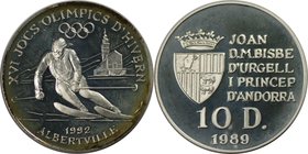 Europäische Münzen und Medaillen, Andorra. "Olympiade Albertville 1992". 10 Diners 1989, Silber. 0.36 OZ. KM 55. Stempelglanz
