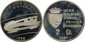 Europäische Münzen und Medaillen, Andorra. Olympische Spiele 1998 in Nagano - Bob. 2 Diners 1997, Silber. 0.59 OZ. KM 140. Polierte Platte