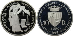 Europäische Münzen und Medaillen, Andorra. 50 Jahre Erklärung der Menschenrechte. 10 Diners 1998, Silber. 0.93 OZ. KM 143. Polierte Platte