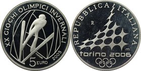 Europäische Münzen und Medaillen, Italien / Italy. XX. Olympische Winterspiele 2006 in Turin - Schansspringen. 5 Euro 2005, Silber. KM 256. Polierte P...