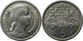 Europäische Münzen und Medaillen, Lettland / Latvia. 5 Lati 1929, Silber. KM 9. Fast Vorzüglich