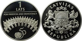 Europäische Münzen und Medaillen, Lettland / Latvia. 50 Jahre UNO Vereinte Nationen. 1 Lats 1995, Silber. KM 23. Polierte Platte, mit Plastik Box