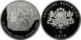 Europäische Münzen und Medaillen, Lettland / Latvia. XXVIII. Sommer Olympiade 2004 in Athen - Ringen. 1 Lats 2002, Silber. KM 57. Polierte Platte