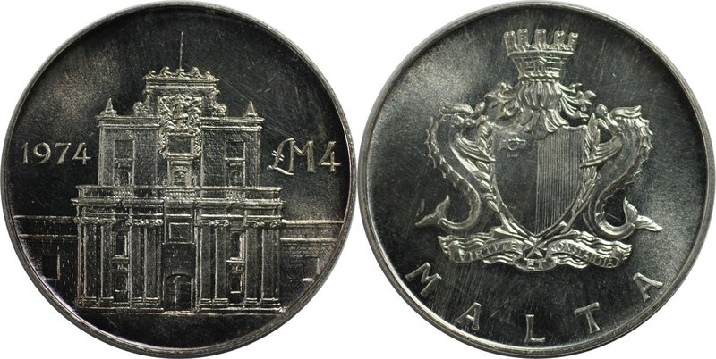 Europäische Münzen und Medaillen, Malta. Cottonera Gate. 4 Pounds 1974, Silber. ...
