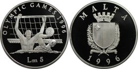 Europäische Münzen und Medaillen, Malta. Olympische Spiele 1996 - Wasser Polo. 5 Liri 1996, Silber. 0.94 OZ. KM 110. Polierte Platte