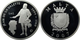 Europäische Münzen und Medaillen, Malta. "Jean de La Valette". 5 Liri 2007, Silber. KM 123. Polierte Platte, mit Plastik Box