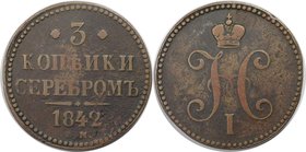 Russische Münzen und Medaillen, Nikolaus I. (1826-1855), 3 Kopeken 1842 EM. Kupfer. Bitkin 541. Sehr schön+