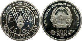 Weltmünzen und Medaillen, Afghanistan. Welternährungstag. 500 Afghanis 1981, Silber. 0,39 OZ. KM 1002. Polierte Platte