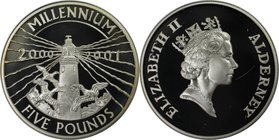 Weltmünzen und Medaillen, Alderney. Millenium. Leuchtturm. 5 Pounds 2000, Silber. KM 26. Polierte Platte