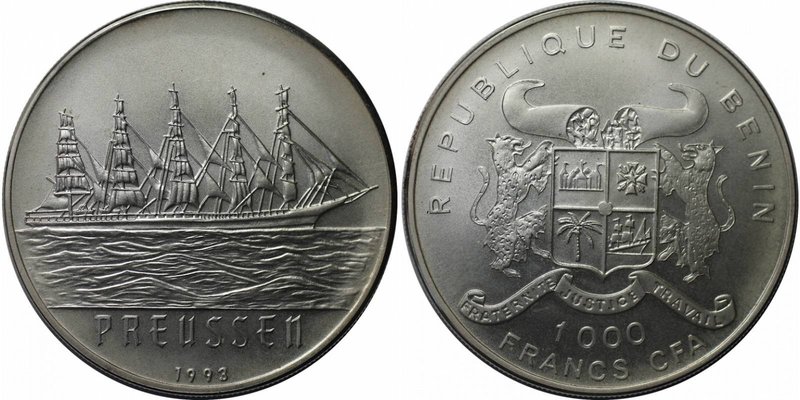 Weltmünzen und Medaillen, Benin. 1000 Francs 1993, Funfmaster Preussen. Schon - ...