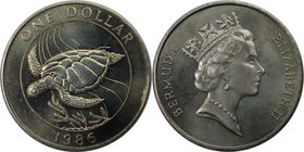 Weltmünzen und Medaillen, Bermuda. 25 Jahre WWF - Suppen Schildkröte. 1 Dollar 1986, Kupfer-Nickel. KM 49. Stempelglanz