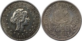 Weltmünzen und Medaillen, Brasilien / Brazil. 1000 Reis 1913, Silber. 0.29 OZ. KM 513. Vorzüglich