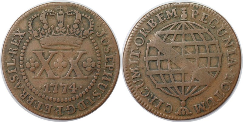 Weltmünzen und Medaillen, Brasilien / Brazil. Jose I. (1750-1777). 20 Reis 1774,...
