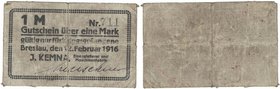 Banknoten, Deutschland / Germany. Notgeld, Breslau (Schlesien). J. Kemna. Eisengiesserei und Maschinenfabrik. 1 Mark 12.02.1916. IV