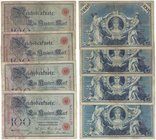 Banknoten, Deutschland / Germany, Lots und Sammlungen. Reichsbanknoten und Reichskassenscheine (1874-1914). 4 x 100 Mark Reichsbanknote 18.12.1905. Pi...