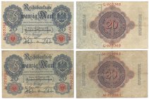 Banknoten, Deutschland / Germany, Lots und Sammlungen. Reichsbanknoten und Reichskassenscheine (1874-1914). 2 x 20 Mark Reichsbanknote 19.2.1914. Pick...
