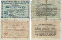 Banknoten, Deutschland / Germany, Lots und Sammlungen. Minden: Kriegsgefangenen-Gutschein. 1 Mark, 5 Mark 15.11.1916. Lot von 2 Banknoten. II-III