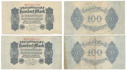 Banknoten, Deutschland / Germany, Lots und Sammlungen. Geldscheine der Inflation (1919-1924). 2 x 100 Mark Reichsbanknote 4.8.1922. Pick: 75, Ro: 72. ...
