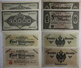 Banknoten, Deutschland / Germany, Lots und Sammlungen. Notgeld Köln, Inflation. 2 x 50 000 Mark, 2 x 5 Mln Mark 1923. 4 Stück. Lot von 4 Banknoten. II...