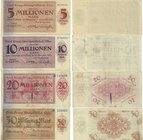 Banknoten, Deutschland / Germany, Lots und Sammlungen. Notgeld, Essen (Westfalen), Friedrich Krupp Aktiengesellschaft. 5, 10, 20 Millionen Mark 14.8.1...