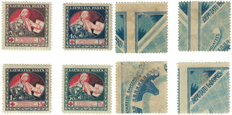 Briefmarken / Postmarken, Lettland / Latvia. Rotes Kreuz. Lot von 4 stück 1920. ...