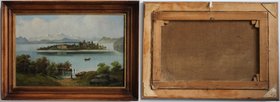 Kunst und Antiquitäten / Art and antiques. Ölgemälde. Bayerische Schule. Motive: Landschaft. Insel am See. Maße mit Rahmen: 65 x 47 cm. Öl auf Leinwan...