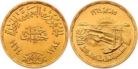 Ägypten Republik 1958 - 1971
 5 Pounds AH 1384 / 1964 Assuan Staudam, 0,875 fein. 26,00g. KM 408, Friedb. 44 stgl