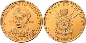 Burundi Mwambutsa IV. 1962 - 1966
 10, 25, 50, 100 Francs 1965 auf das 50 Jahre Regierung von Mwambutsa IV. ges. 55,60g. KM 7,8,9,10 stgl