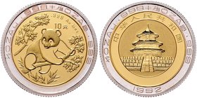 China Volksrepublik seit 1949
 10 Yuan Panda 1992 Bi-Metall, 1/10 Unze 999er Gold und 1/28 Unze 999er Silber, Auflage 2000 Ex., Panda auf Baum, in Or...