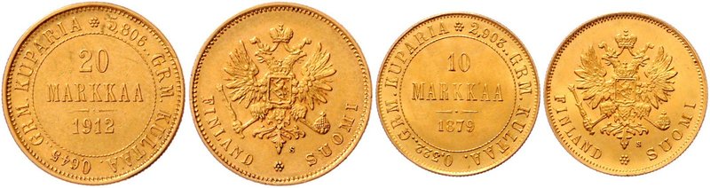 Finnland
 Lot 2 Stück 10 und 20 Markka 1879 und 1912. ges. 9,67g. Friedberg 3,4...