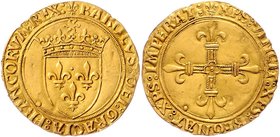 Frankreich Charles VIII. 1483 - 1498
 Ecu d´or o. J. (2e émission du 8 juillet 1494) A / (Lilie) KAROLVS: DEI: GRACIA: FRANCORVM: REX Schild von Fran...