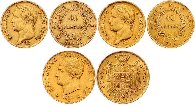Frankreich Napoleon I. 1804 - 1815
 Lot 3 Stück 40 Francs, 2x 1811 A und 1x 181...